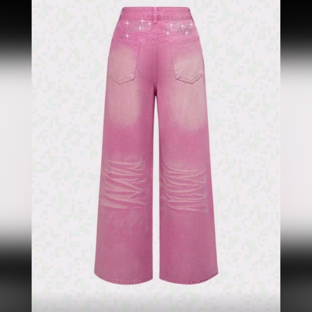 Stylish Pink Wide-Leg Women Jeans With Rhinestone Worn Once‎ - Picture 1 of 3